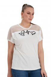 Fierte Kadın Büyük Beden Bluz Rg4584 Yuvarlak Yaka Kısa Kol Omuz File Detay Pul Payet İşleme Ekru Haki Siyah - 10