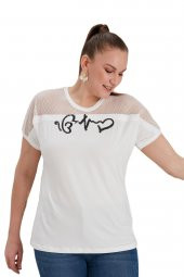 Fierte Kadın Büyük Beden Bluz Rg4584 Yuvarlak Yaka Kısa Kol Omuz File Detay Pul Payet İşleme Ekru Haki Siyah - 11