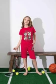 Kız Çocuk Mini Desenli Kırmızı Şortlu Pijama Takımı - 1