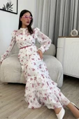 Çiçek Desenli Bluz ve Etek İkili Takım 4707-Beyaz/Fuşya - 3