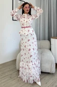 Çiçek Desenli Bluz ve Etek İkili Takım 4707-Beyaz/Fuşya - 4