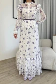 Çiçek Desenli Bluz ve Etek İkili Takım 4707-Beyaz/Mor - 5