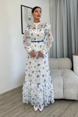 Çiçek Desenli Bluz ve Etek İkili Takım 4707-Beyaz/Mavi - 4