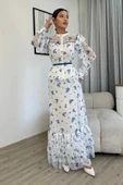 Çiçek Desenli Bluz ve Etek İkili Takım 4707-Beyaz/Mavi - 1