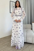 Çiçek Desenli Bluz ve Etek İkili Takım 4707-Beyaz/Mor - 3
