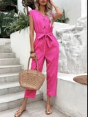 Keten Kadın V Yaka Tek Sıra Düğmeli Kolsuz Fuşya Tulum thumbnail 2