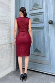 Kruvaze Yaka Payetli Midi Elbise 6031-Bordo thumbnail 6