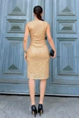 Kruvaze Yaka Payetli Midi Elbise 6031-Gold - 5