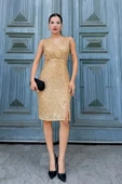 Kruvaze Yaka Payetli Midi Elbise 6031-Gold - 4