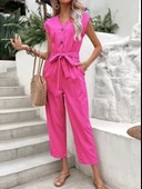 Keten Kadın V Yaka Tek Sıra Düğmeli Kolsuz Fuşya Tulum thumbnail 1