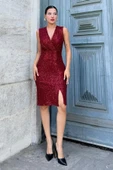 Kruvaze Yaka Payetli Midi Elbise 6031-Bordo thumbnail 2