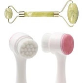 Derin Stok® 2li Set Çift Taraflı Cilt Temizleme Fırçası ve Yeşim Taşı Çift Taraflı Cilt Masaj Aleti - 2