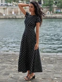 Lucky Life Kadın Kısa Kollu Bisiklet Yaka Puantiyeli Maksi örme Krep Elbise thumbnail 9