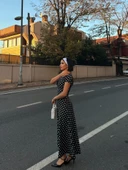 Lucky Life Kadın Kısa Kollu Bisiklet Yaka Puantiyeli Maksi örme Krep Elbise thumbnail 12