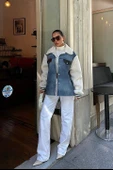 Lucky Life Kadın İçi Kürklü Deri Garnili Denim Görünümlü Ceket - 4