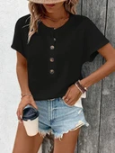 Lucky Life Kadın Kısa Kollu Yakası Açık önden Düğmeli Waffle Bluz thumbnail 3