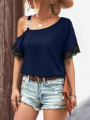 Lucky Life Kadın Tek Omuzu Askılı Kısa Kollu Toka Detaylı Dantelli Viskon Bluz thumbnail 3