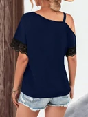 Lucky Life Kadın Tek Omuzu Askılı Kısa Kollu Toka Detaylı Dantelli Viskon Bluz thumbnail 6