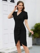 Lucky Life Kadın Kısa Kollu V Yakalı önden Fırfırlı Ithal Krep Elbise thumbnail 1