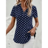 Lucky Life Kadın Kısa Kollu Yakadan Fermuarlı Puantiyeli Uzun Dokuma Viskon Bluz - 1