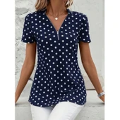 Lucky Life Kadın Kısa Kollu Yakadan Fermuarlı Puantiyeli Uzun Dokuma Viskon Bluz - 3