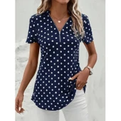 Lucky Life Kadın Kısa Kollu Yakadan Fermuarlı Puantiyeli Uzun Dokuma Viskon Bluz - 5