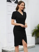 Lucky Life Kadın Kısa Kollu V Yakalı önden Fırfırlı Ithal Krep Elbise thumbnail 3