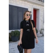 Lucky Life Kadın Kısa Kollu Bisiklet Yaka önden Fiyonk Detaylı Ithal Krep Elbise - 2