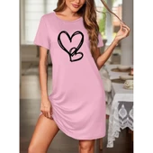 Lucky Life Kadın Kısa Kollu Bisiklet Yaka Kalp Desenli Viskon Elbise thumbnail 2