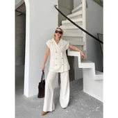 Lucky Life Kadın Keten Sıfır Kol Blezer Ceket Pantolon Ikili Takım- Beyaz - 3