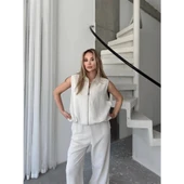 Lucky Life Kadın Keten Tam Fermuarlı Kolsuz Ceket Pantolon Ikili Takım- Beyaz - 2