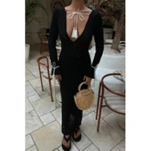 Püskül Lucky Life Kadın Bağcık Detaylı V Yaka Ajurlu Elbise - 3