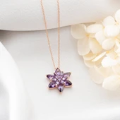 Vaoov 925 Ayar Gümüş Mor Taşlı Katmanlı Lotus Kolye - 2