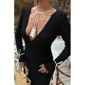 Püskül Lucky Life Kadın Bağcık Detaylı V Yaka Ajurlu Elbise - 5