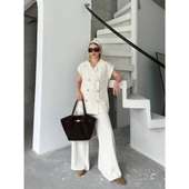 Lucky Life Kadın Keten Sıfır Kol Blezer Ceket Pantolon Ikili Takım- Beyaz - 1
