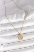 Gold Renk Zincir Zirkon Taş İşlemeli Mavi Taş Detaylı Madalyon Model Kadın Kolye - EBJ250501W32742 thumbnail 2