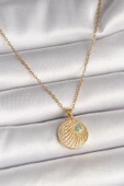 Gold Renk Zincir Zirkon Taş İşlemeli Mavi Taş Detaylı Madalyon Model Kadın Kolye - EBJ250501W32742 thumbnail 1