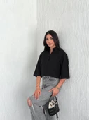 Crop Yakalı Gömlek Üç Çeyrek Sleeve Kol - Siyah - 4