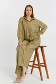 Kadın Haki Bol Paça Dokuma Pantolon - 1