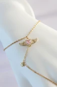Gold Renk Pembe Zirkon Taşlı Kanatlı Kalp Model Şahmeran - EBJ250118W30632 - 2