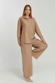 Kadın Camel Bol Paça Dokuma Pantolon - 1