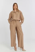 Kadın Camel Bol Paça Dokuma Pantolon - 2