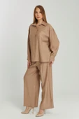 Kadın Camel Bol Paça Dokuma Pantolon - 7