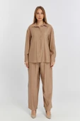 Kadın Camel Bol Paça Dokuma Pantolon - 5