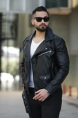 ERKEK KUZEY MODEL KEMERLİ BAHARLIK DERİ CEKET - 1