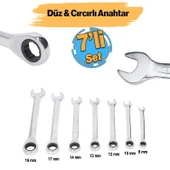 Cırcırlı Anahtar Seti 7'li Set Açık Ağızlı Düz ve Cırcır Kombine Anahtar 8-10-12-13-14-17-19 mm - 1