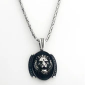 925 Ayar Gümüş Siyah Taşlı Aslan Figürlü Kral Zincir Kolye thumbnail 2