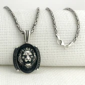 925 Ayar Gümüş Siyah Taşlı Aslan Figürlü Kral Zincir Kolye thumbnail 1