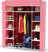 Çift Yandan Raflı Askılı Metal Profilli Kumaş Bez Dolap, Geniş Portatif Gardırop - Pembe - 1