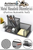 Masaüstü Evrak Rafı ve Metal Kalemlik Seti 3 lü Kombo 1 Paket Fileli Perfore Siyah Kalemlik Ataşlık Notluk Düzenleyici - 2